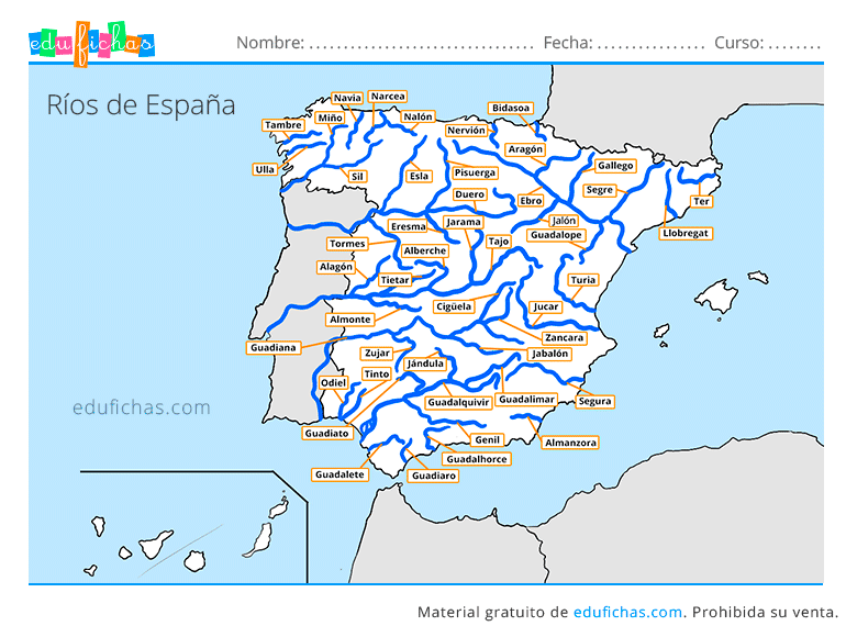Ríos de España - Mapas para Imprimir + Ejercicios Gratis en PDF