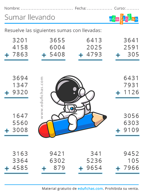 Sumar llevando - Fichas de Sumas con Llevadas para Primaria GRATIS